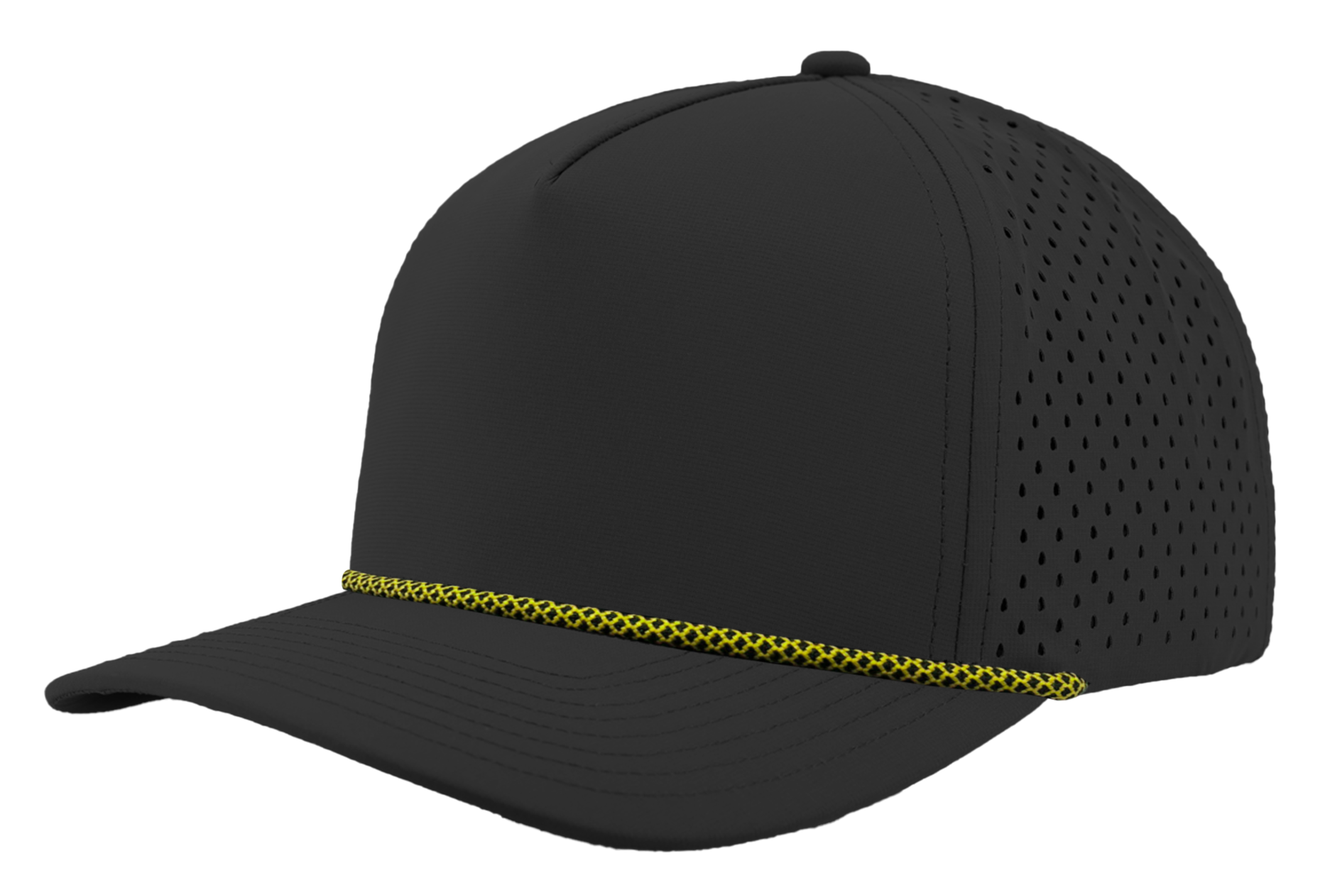 Custom Hat black yellow chainlink rope snapback hat front side view zapped headwear blackhawk r+
