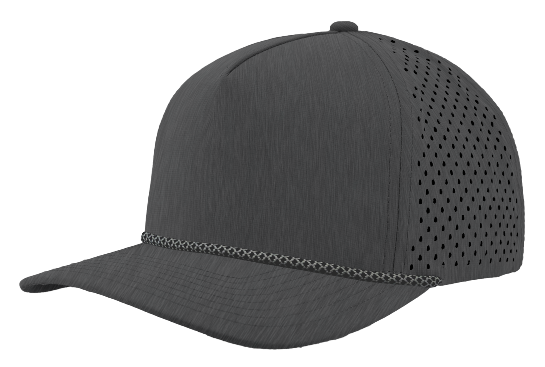 Custom Hat graphite grey chainlink rope snapback hat front side view zapped headwear blackhawk r+