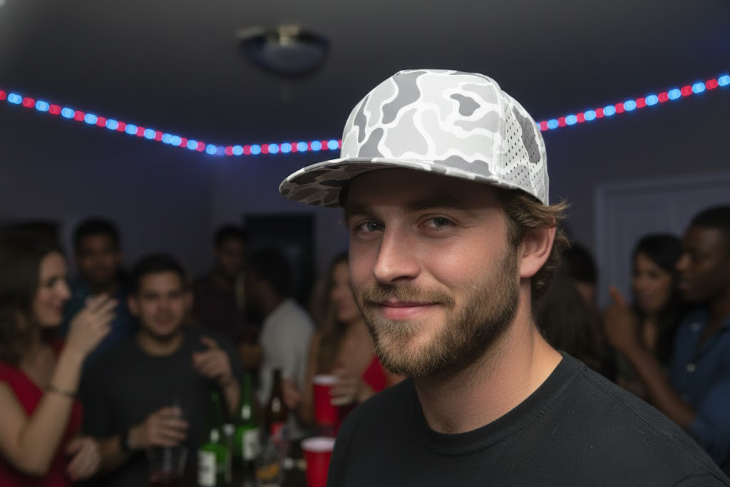 custom hat on college student at party