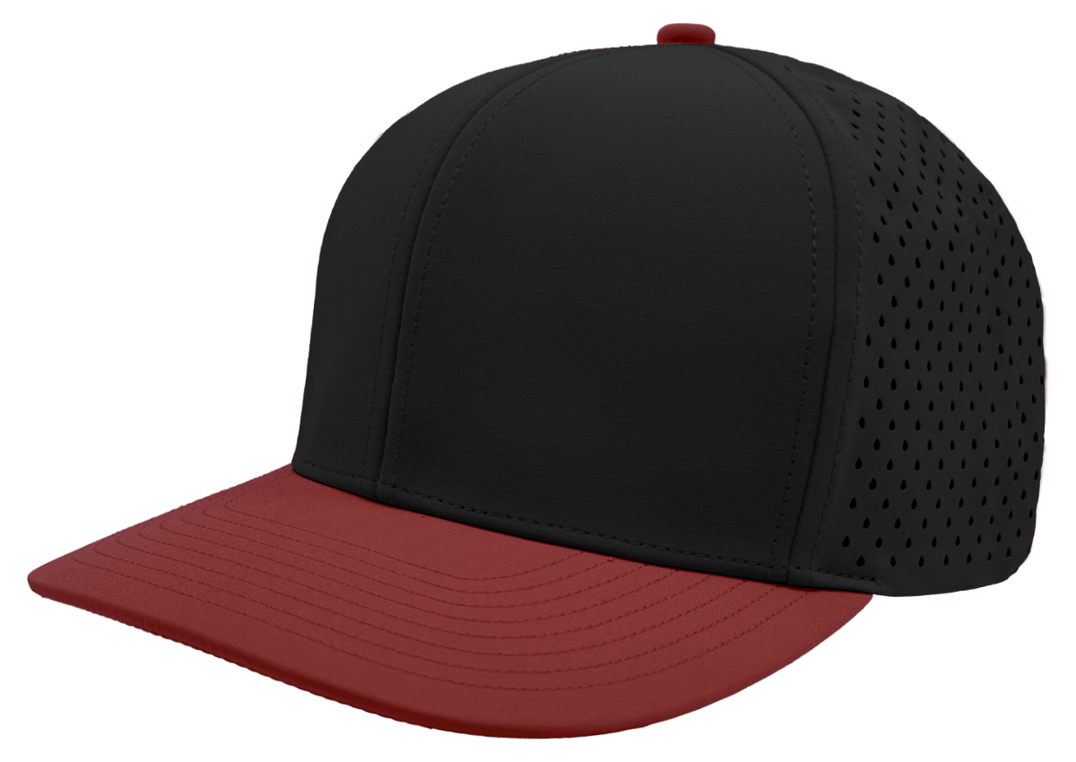 custom embroidered hat 6 panel black maroon slant view