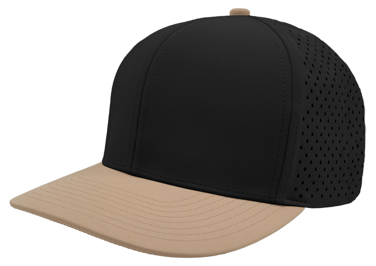 custom hat 6 panel bomber model black khaki slant view