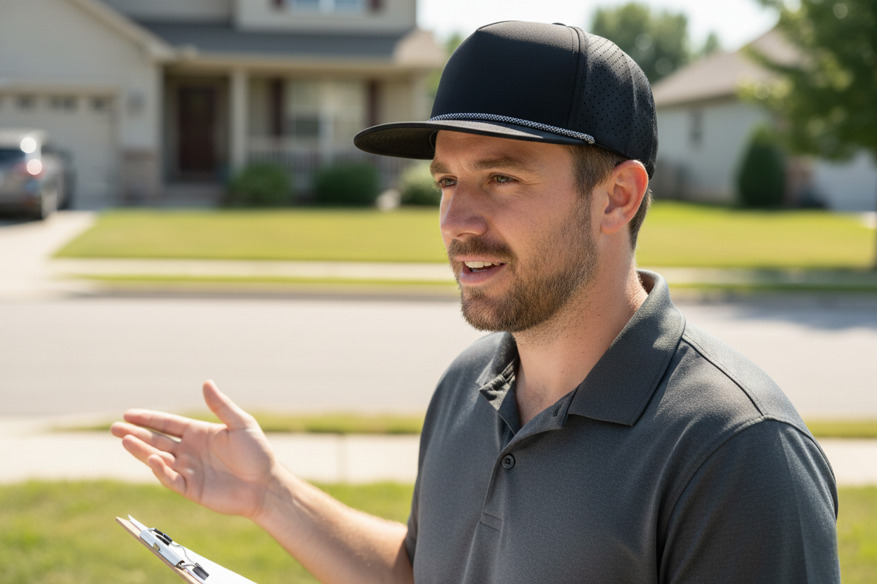 door to door salesman wearing custom rope brim hat