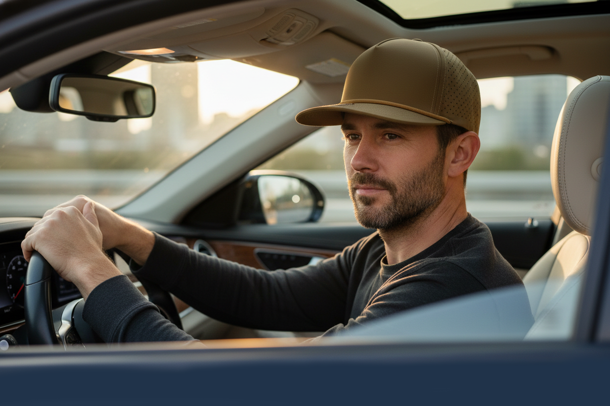 man driving car while wearing caramel brown custom rope hat