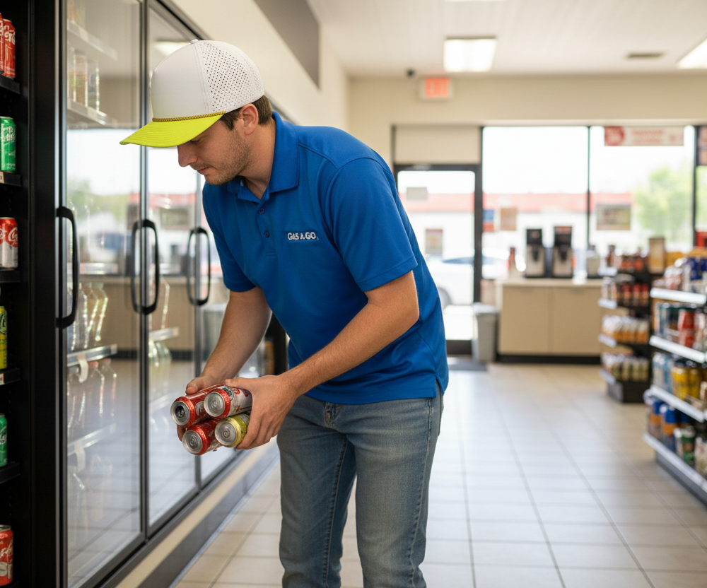 gas station worker wearing custom hat white yellow