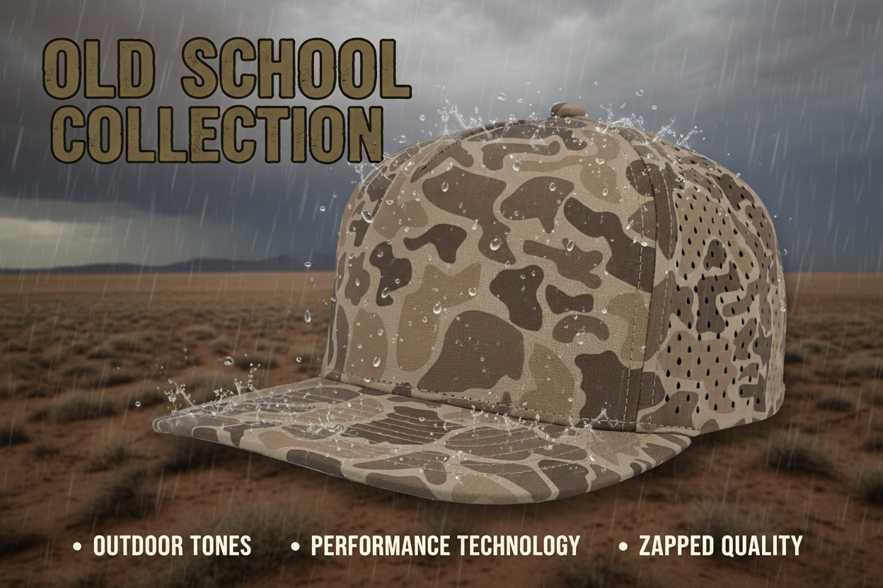 custom camo hat in desert scene while raining.