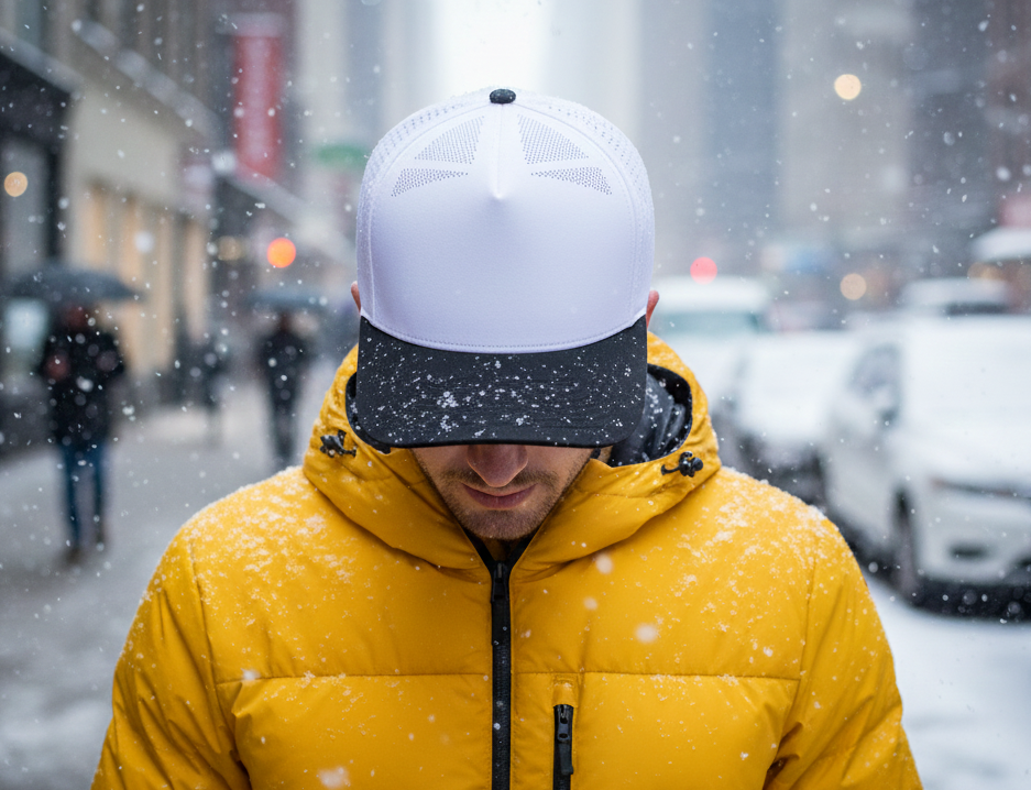 man wearing custom hat in while snowing in big city