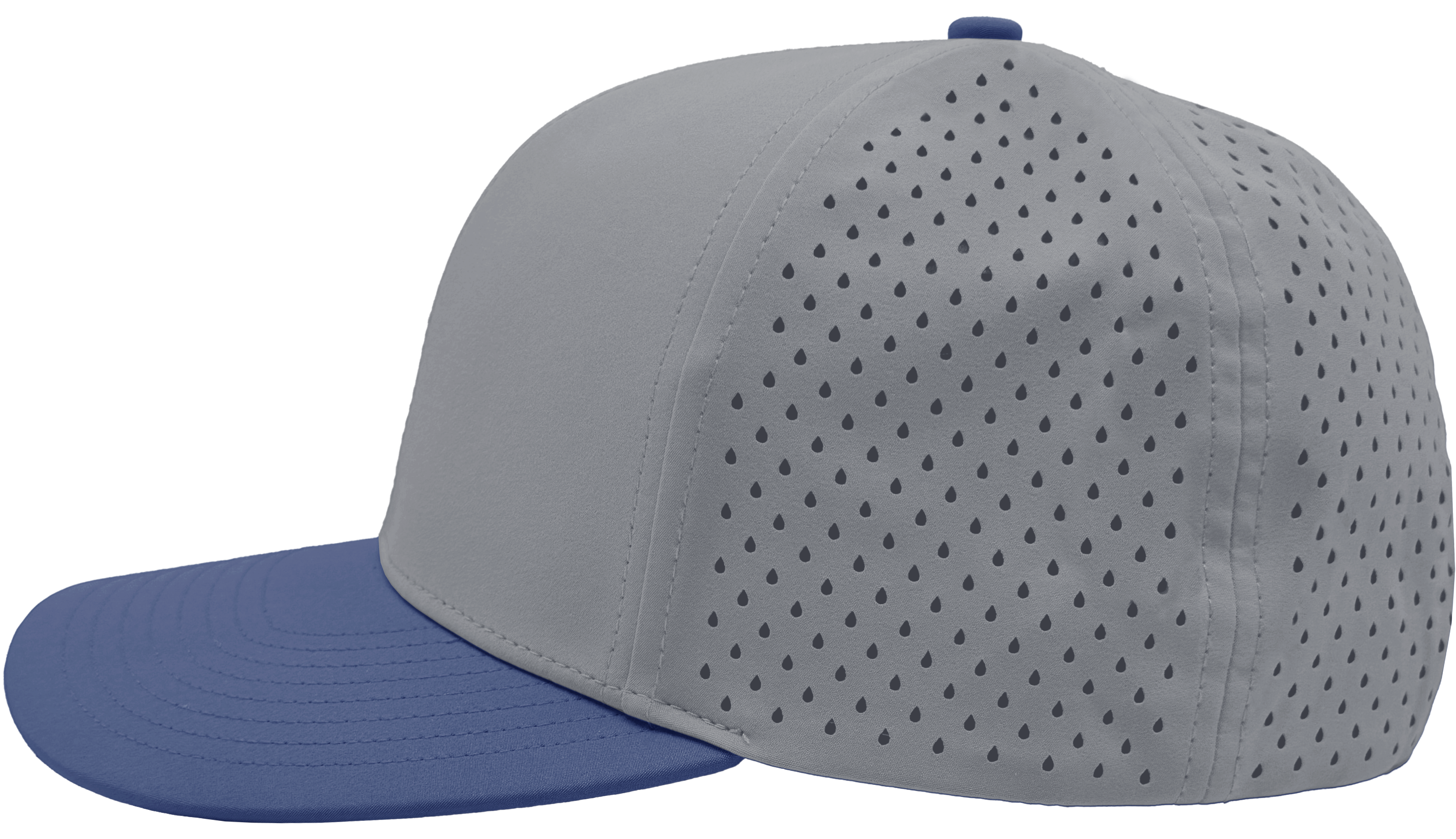 custom hat 6 panel bomber model side view grey royal blue
