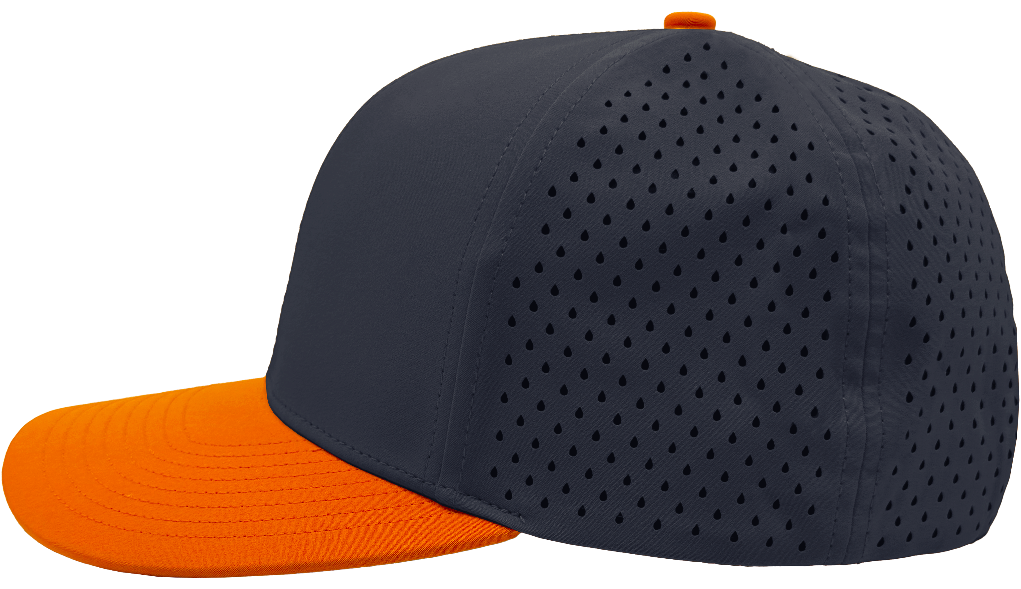 custom hat 6 panel bomber model side view blue orange