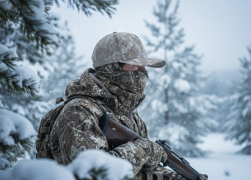 man wearing custom hat while hunting in winter time
