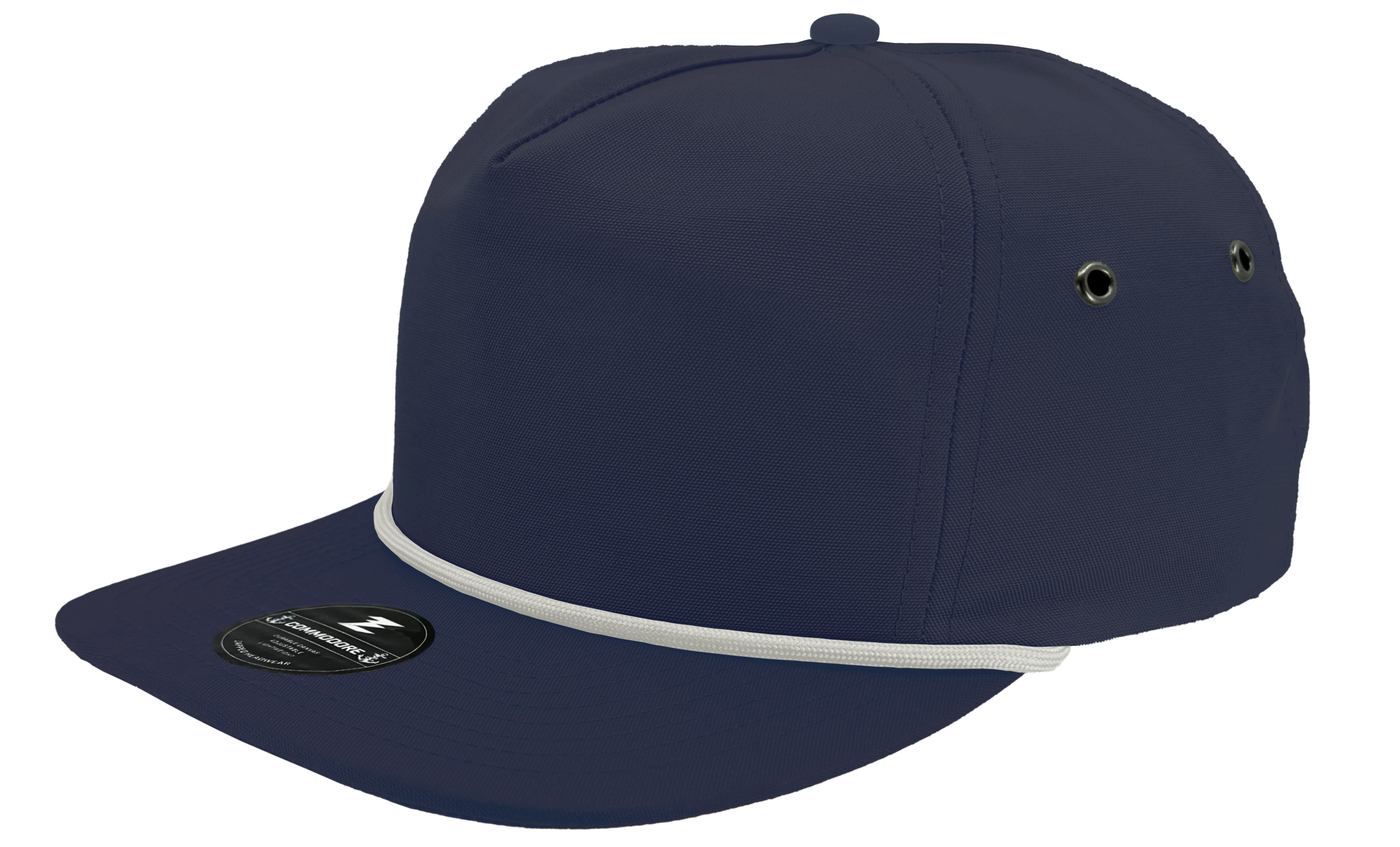 custom hat commodore 5 panel navy blue white rope