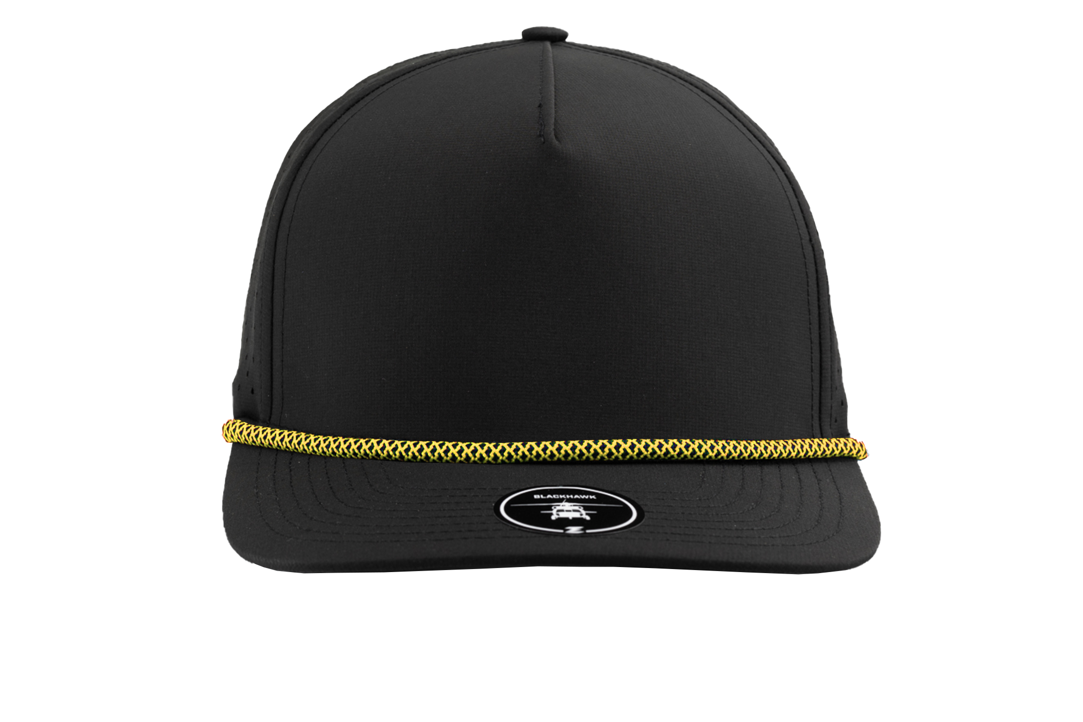 custom hat front view black with yellow rope