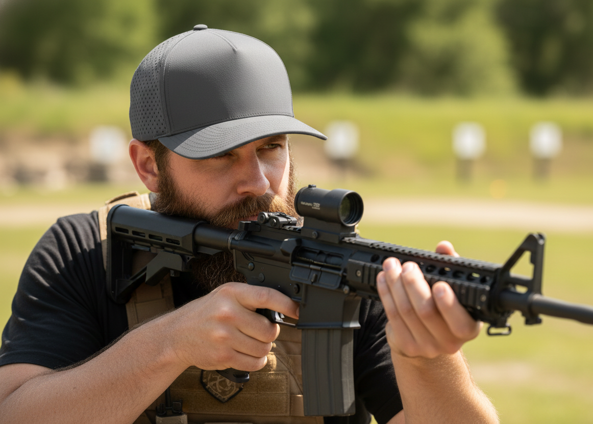 custom grey 5 panel hat on man shooting gun