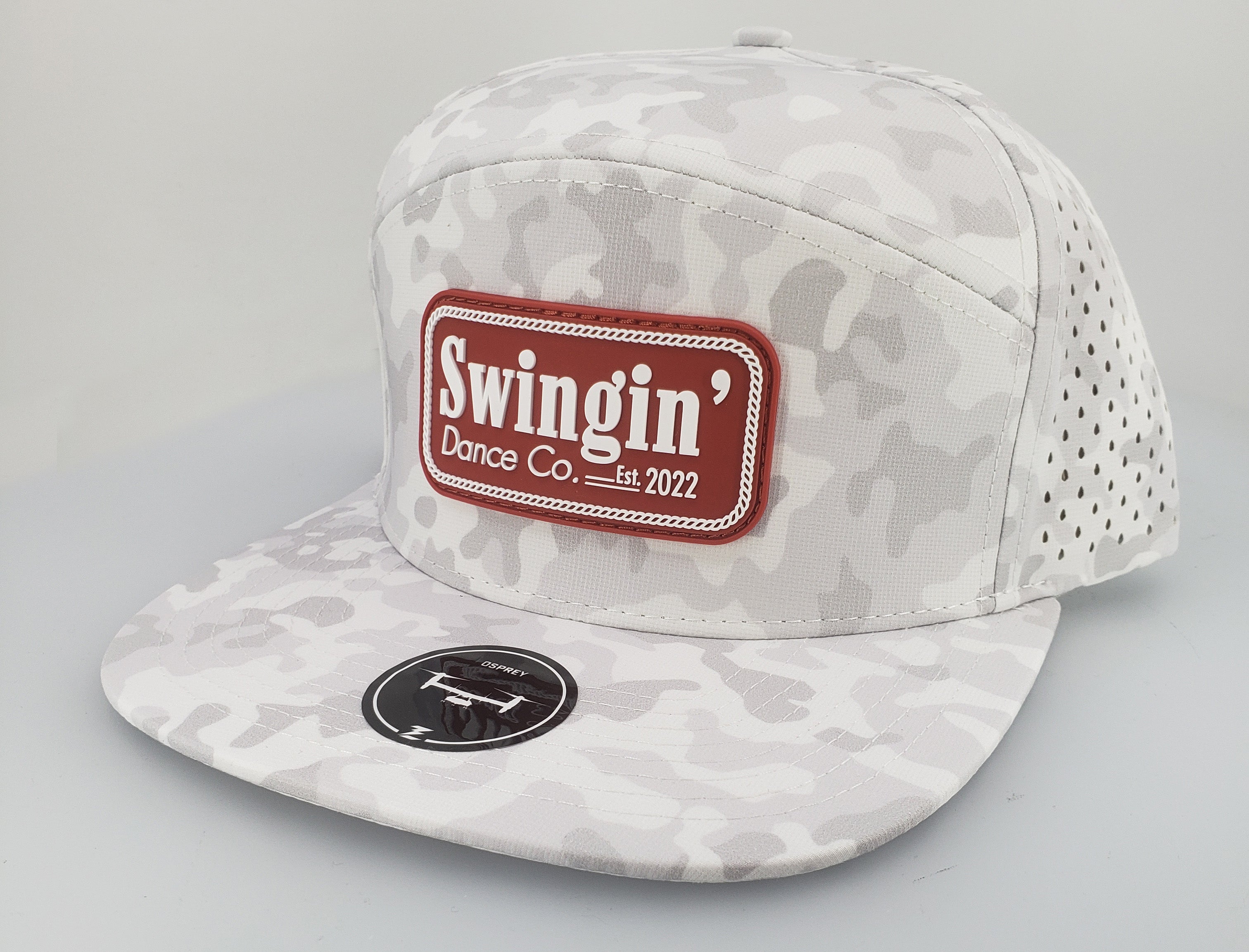 custom hat with rubber pvc patch snow camo osprey with dance company patch