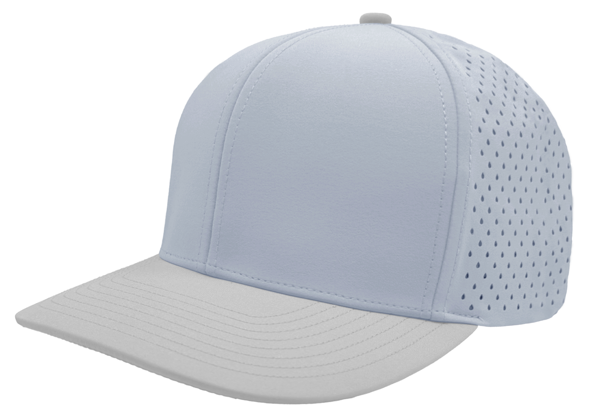 custom hat 6 panel bomber model light blue silver slant view