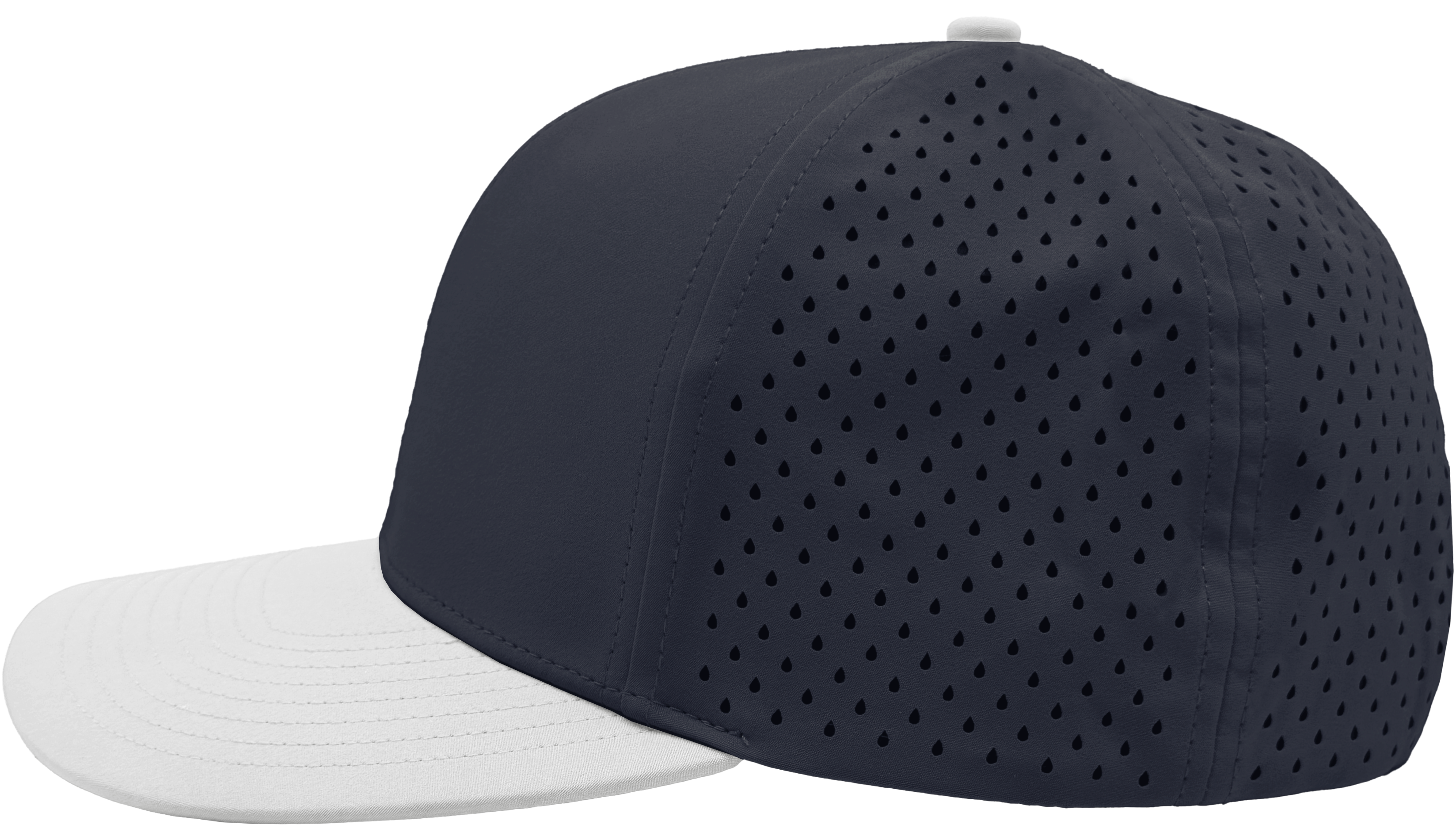 custom hat 6 panel bomber model side view navy white