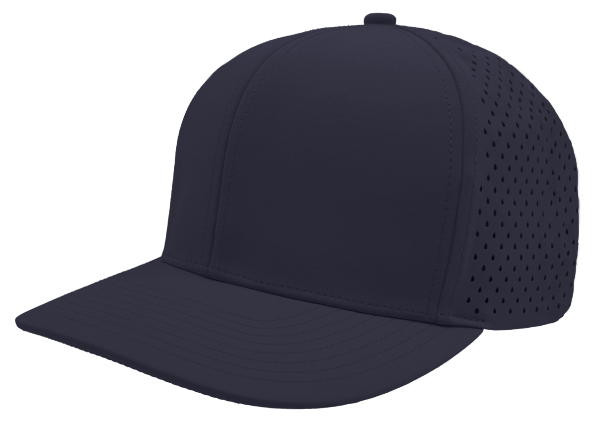 custom embroidered hat 6 panel navy blue slant view