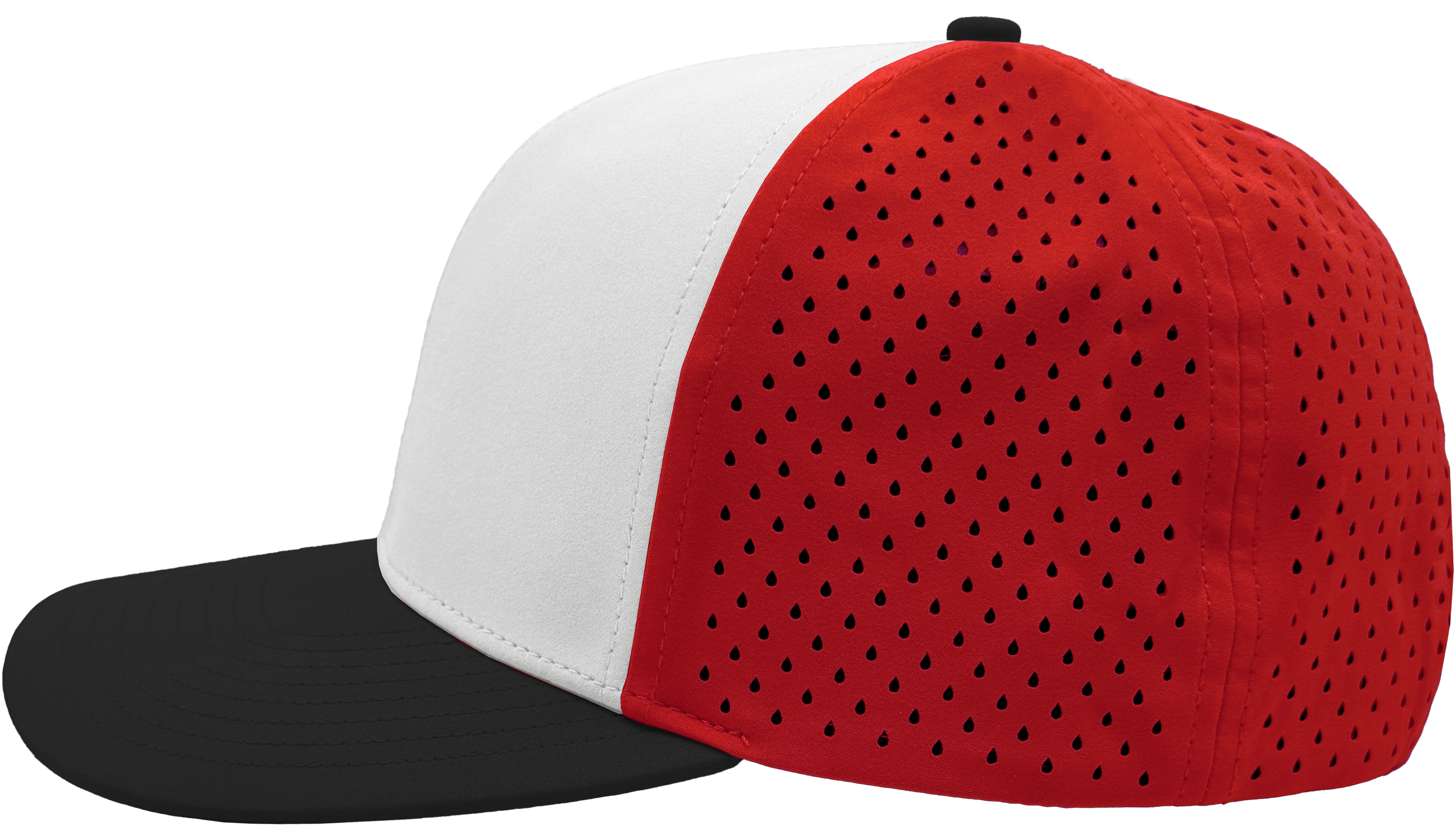 custom hat 6 panel bomber model side view red white black