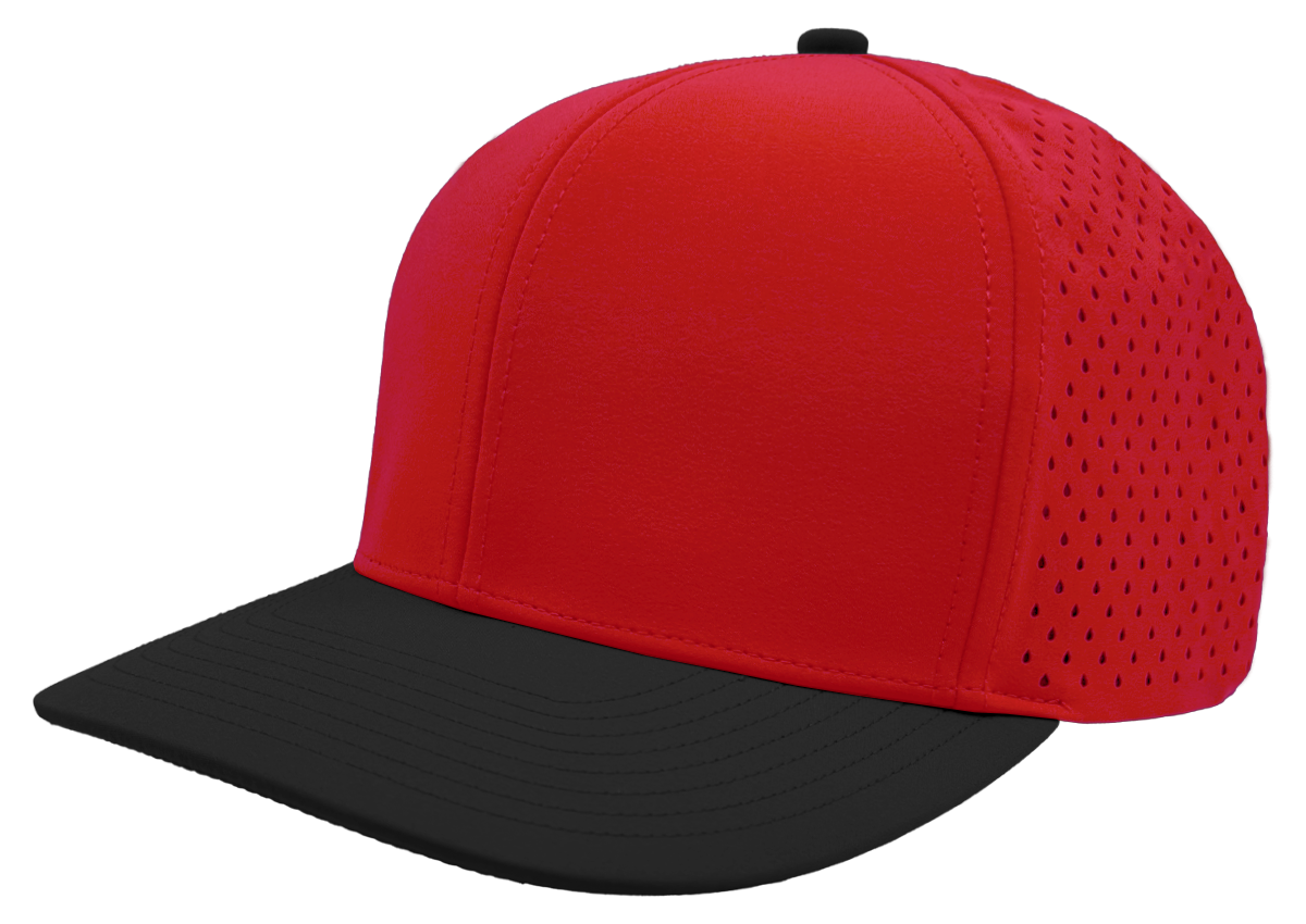 custom hat 6 panel bomber model red black slant view