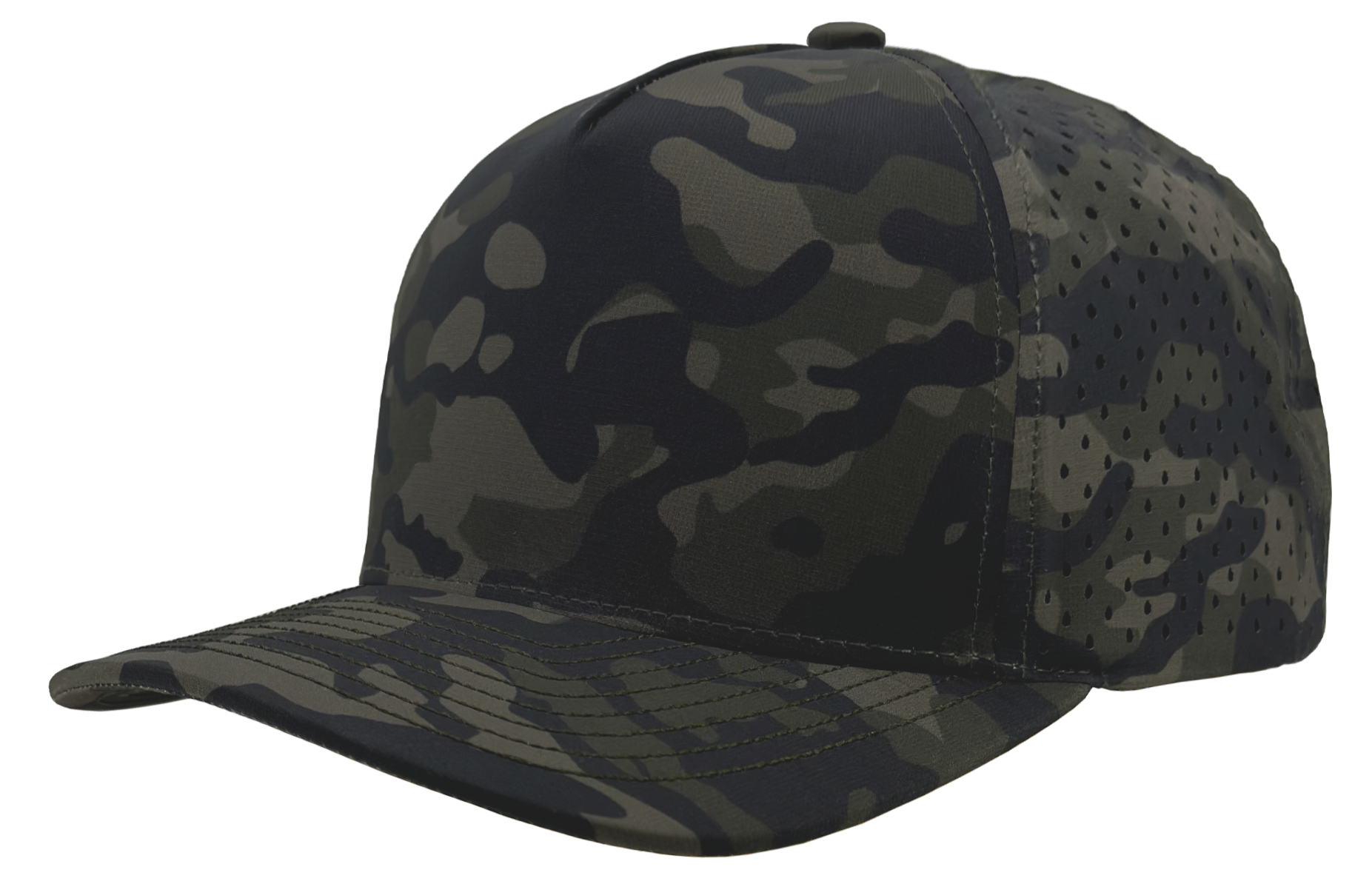 custom olive_camo 5 panel hat front side view