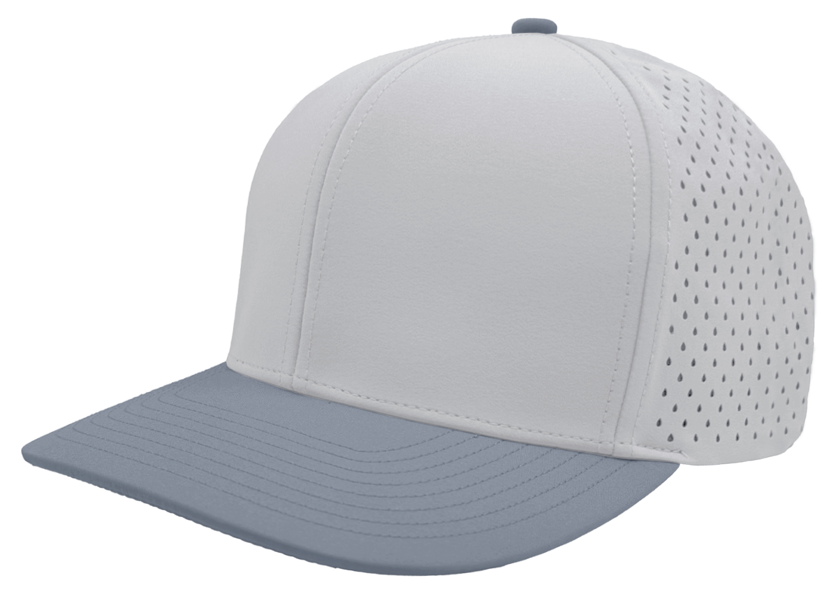 custom hat 6 panel bomber model silver blue slant view
