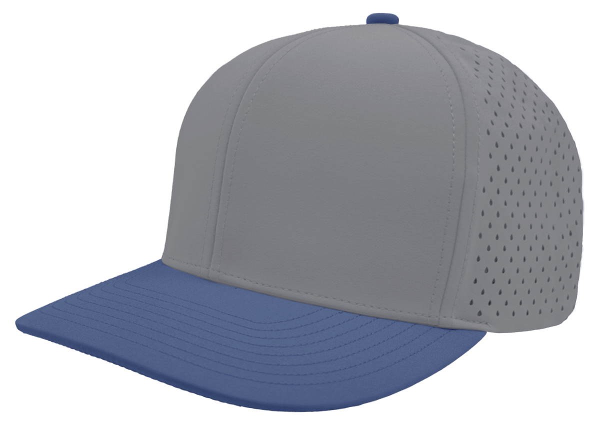 grey blue custom hat 6 panel bomber model slant view