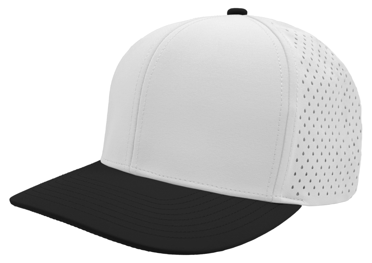 custom embroidered hat 6 panel white black slant view