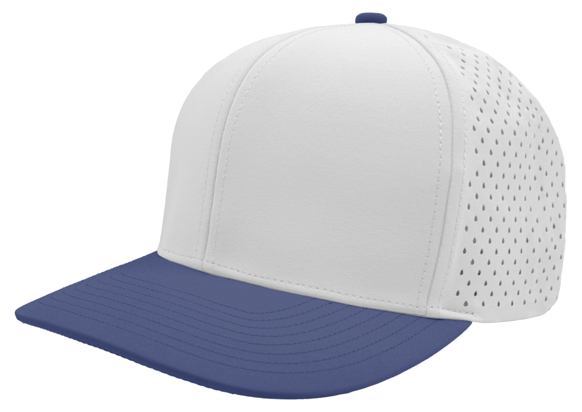 custom hat 6 panel bomber model white blue slant view