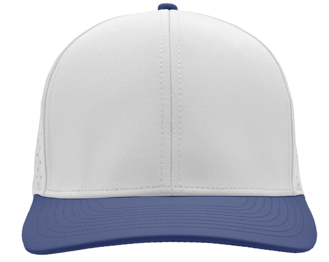 custom logo hat 6 panel white blue front view
