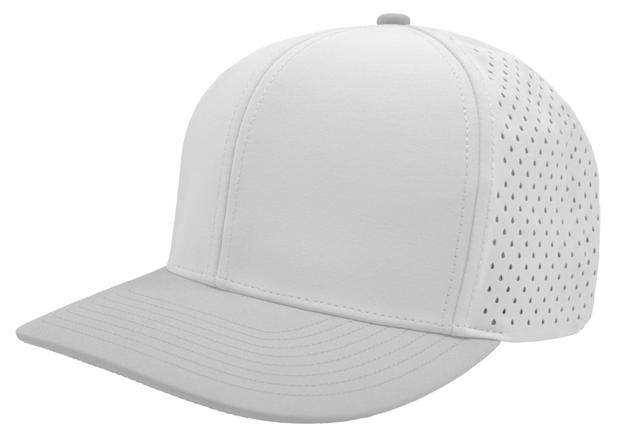 custom hat 6 panel bomber model white silver slant view