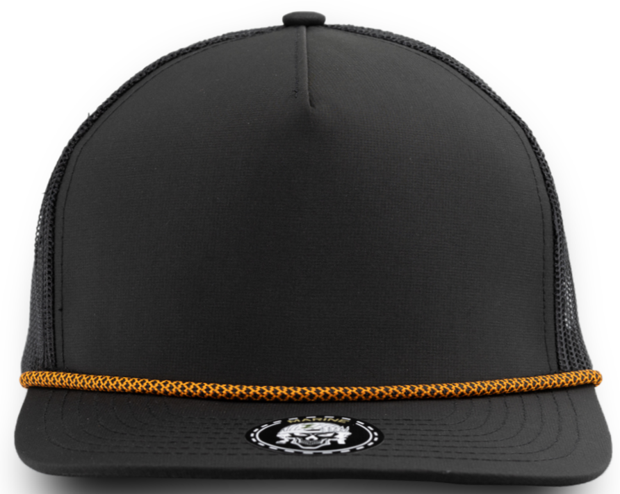 MARINE R+ (Rope brim)-Water Repellent custom hat-Zapped Headwear-Black/ Chainlink Orange rope-Zapped Headwear- golf hat- custom golf hat- rope hats- vintage rope hats- snapback