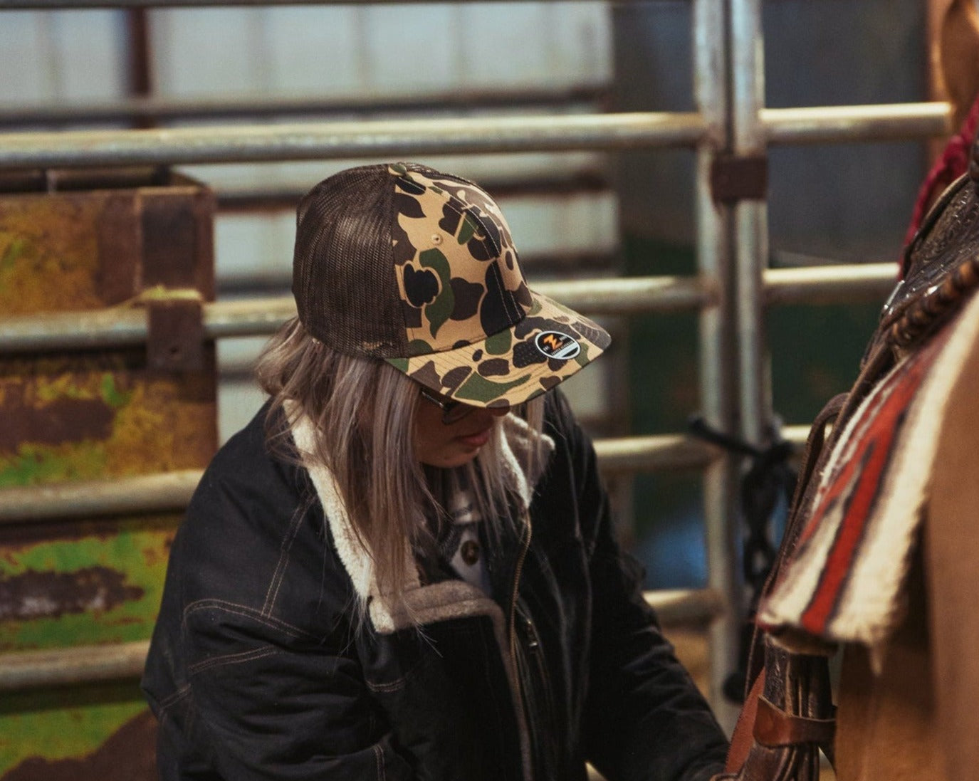 Girl wearing Custom Hat WARRIOR CAMO-Trucker snapback-Zapped Headwear-Old school camo-Duck camo-Snapback-Zapped Headwear
