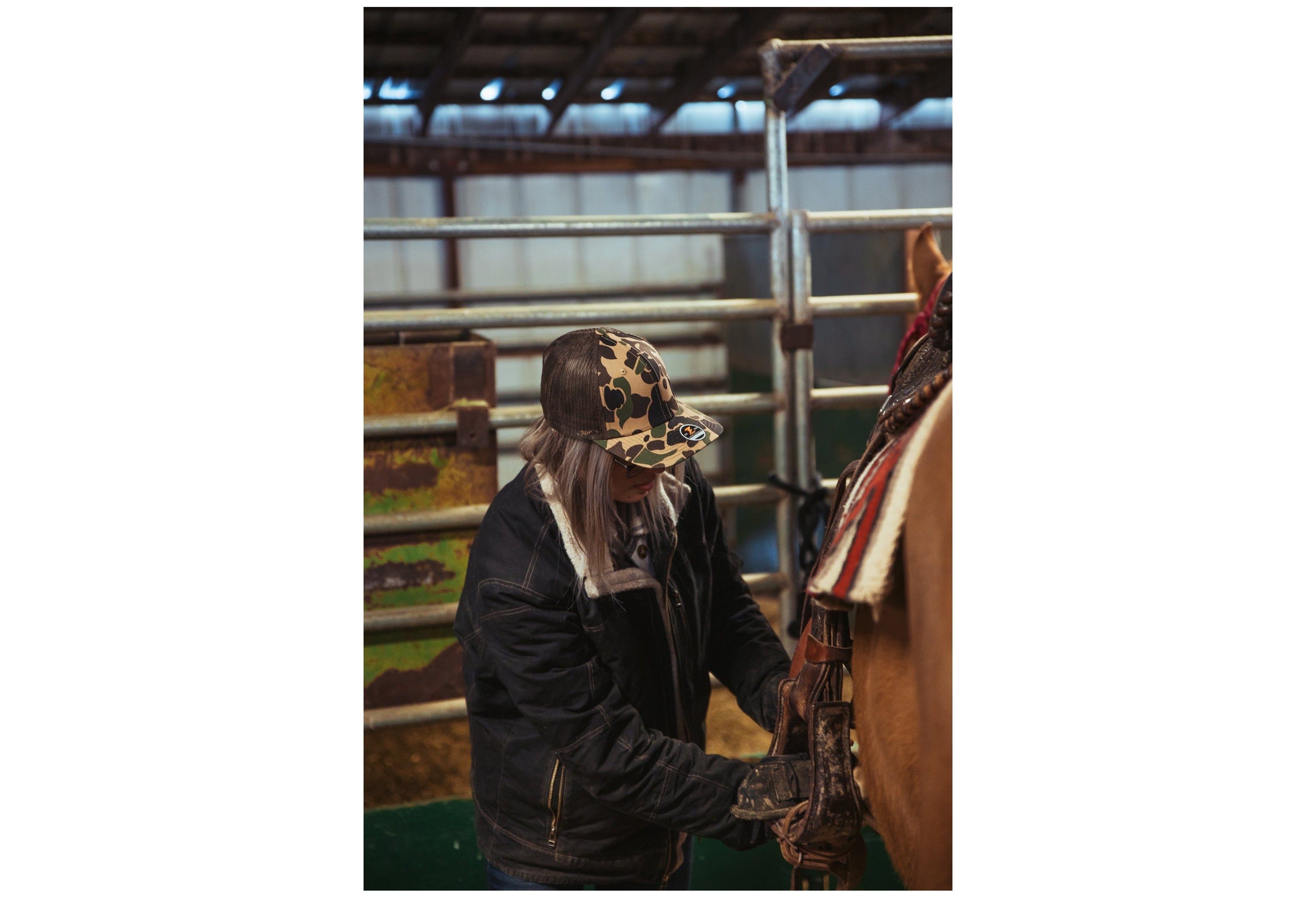 Woman wearing Custom Hat WARRIOR CAMO Blank-Trucker snapback-Zapped Headwear-Multicam/Brown-Zapped Headwear