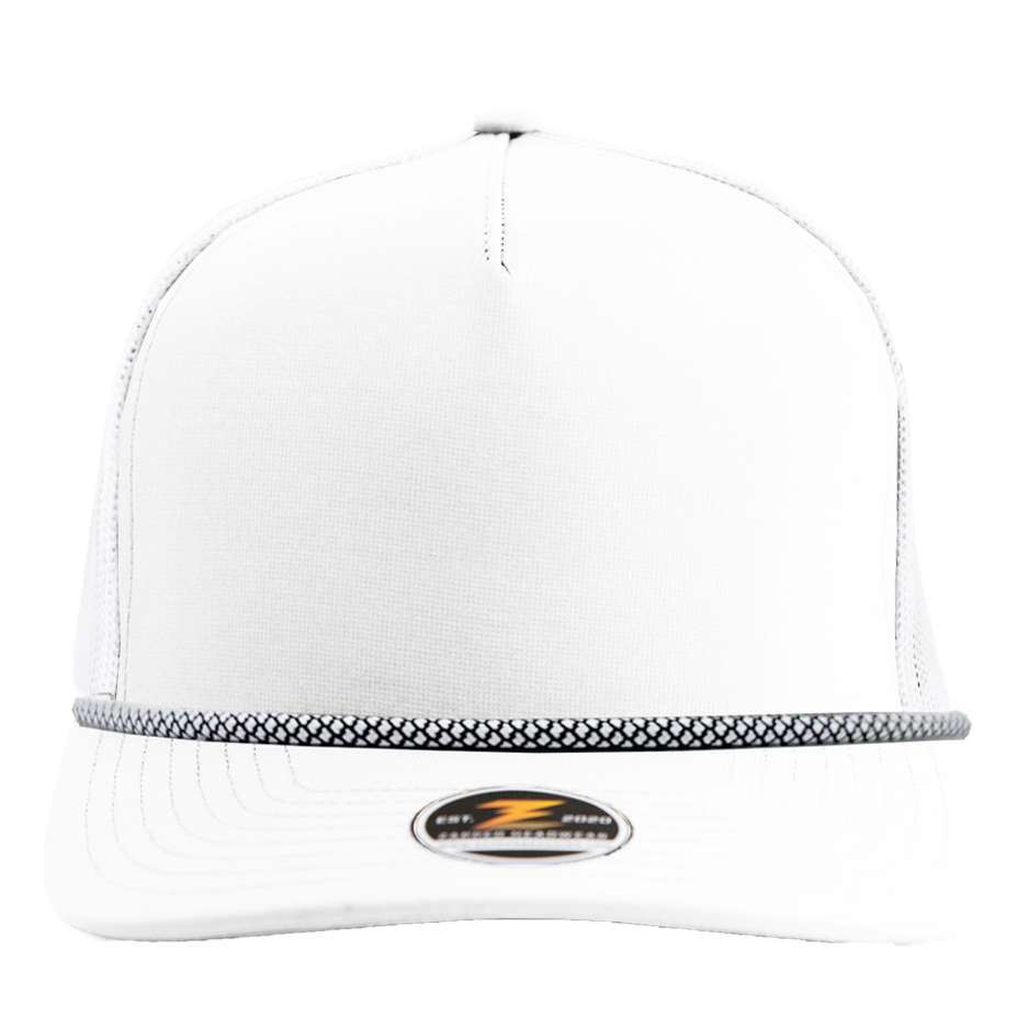 White marine hat with white chainlink rope brim