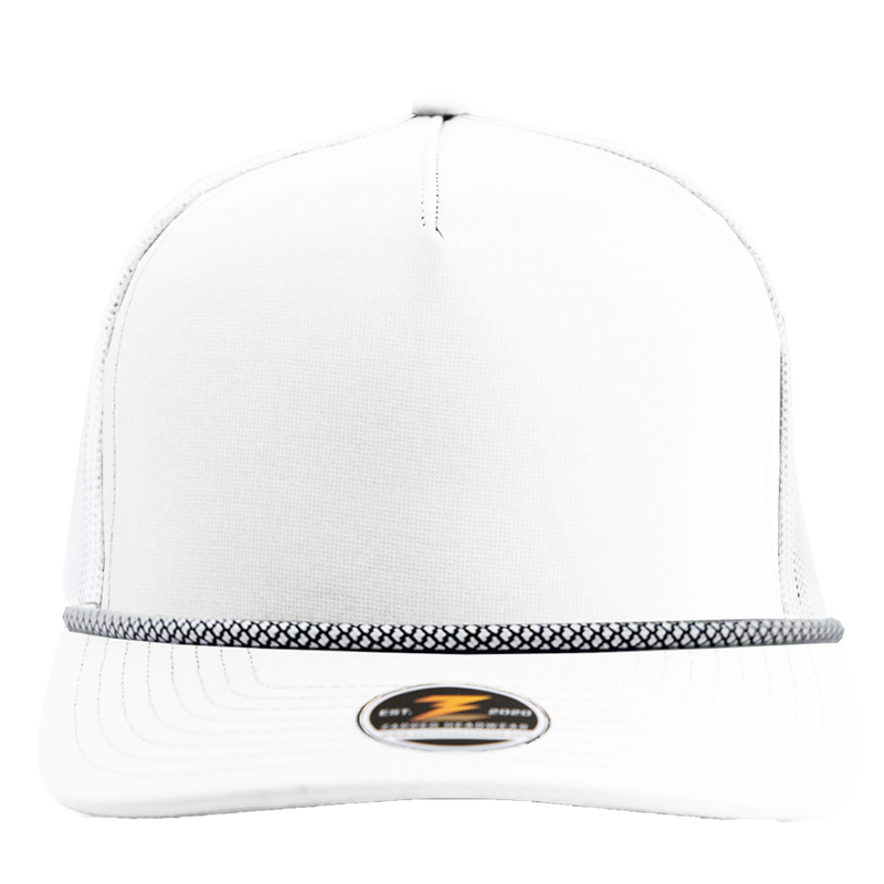 White marine hat with white chainlink rope brim