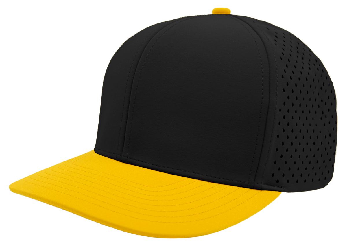 custom hat 6 panel bomber model black yellow slant view
