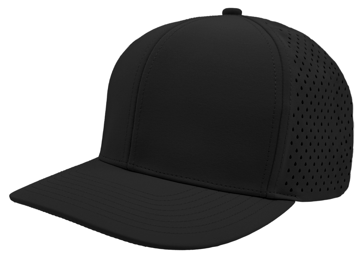 custom embroidered hat 6 panel black slant view