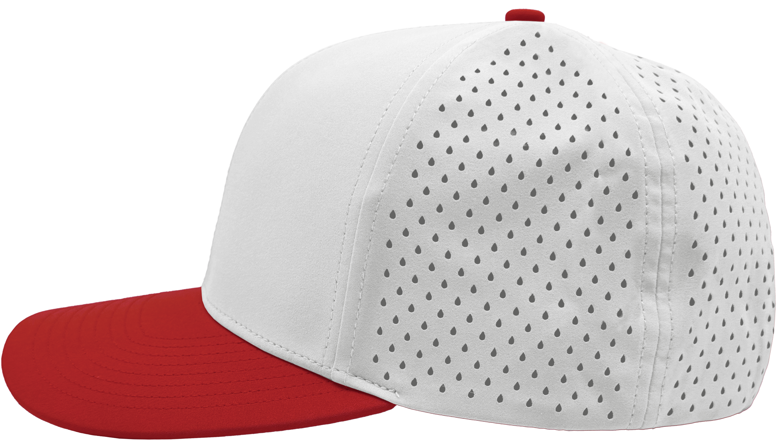 white red custom hat 6 panel bomber model side view