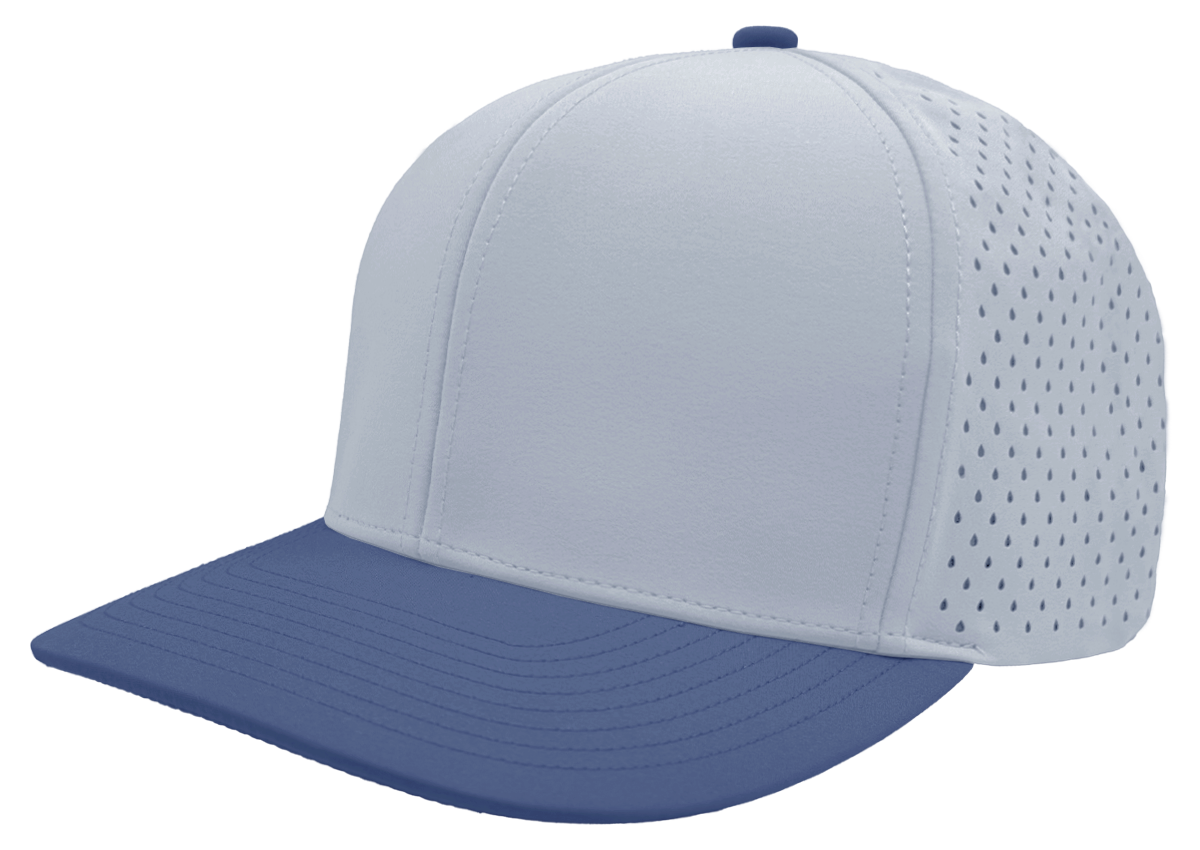 custom hat 6 panel bomber model light blue royal blue slant view