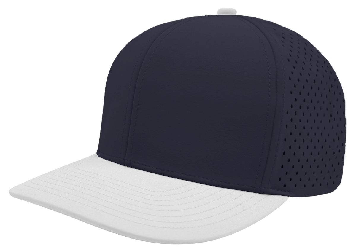 custom hat 6 panel bomber model navy white slant view
