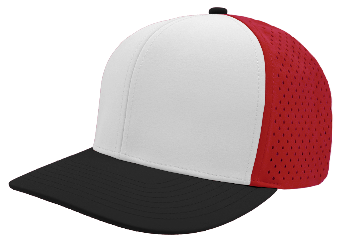custom hat 6 panel bomber model red white black slant view