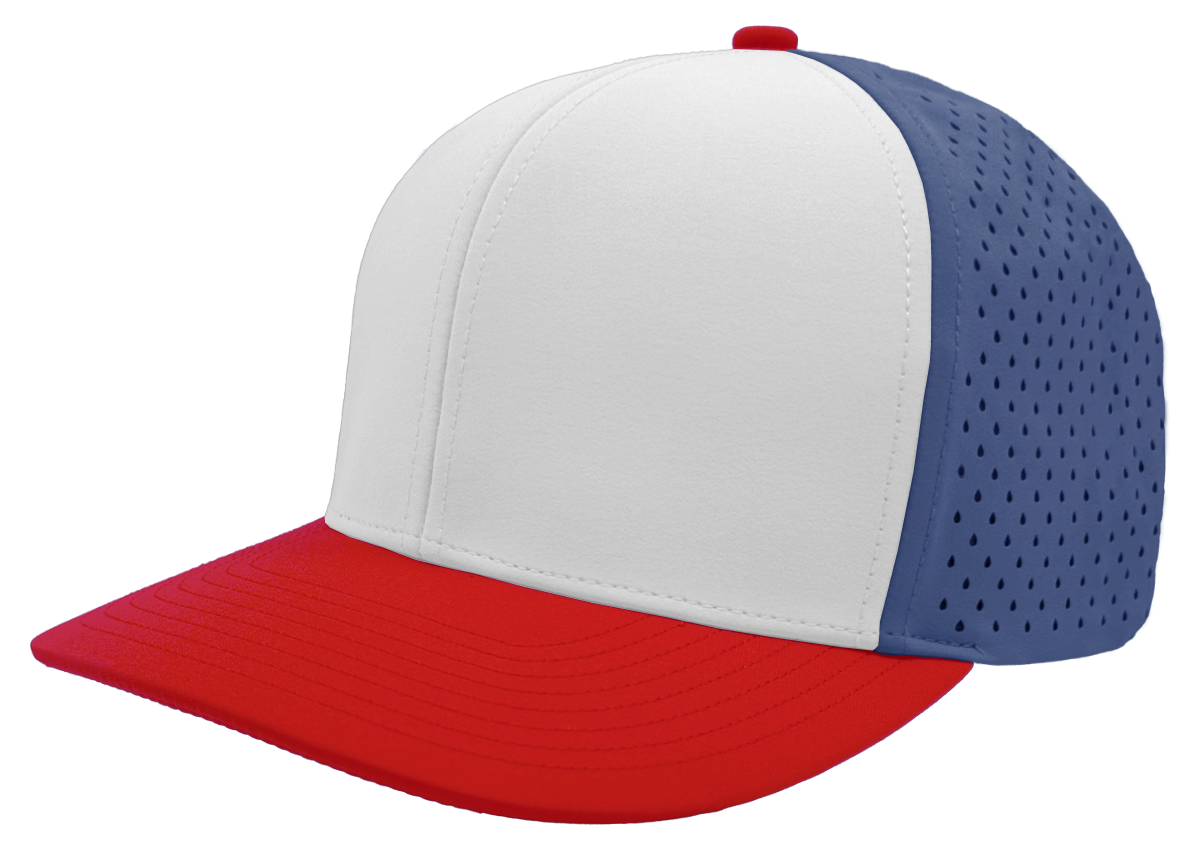 custom hat 6 panel bomber model red white blue slant view