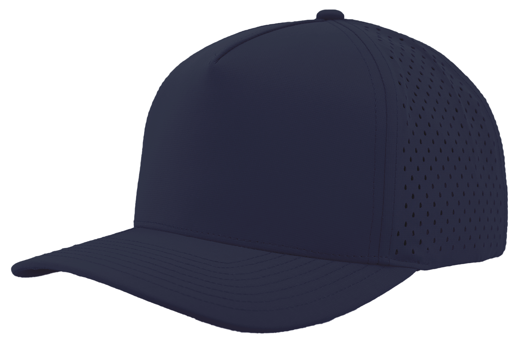 Navy blue cap with perforated design on a white background