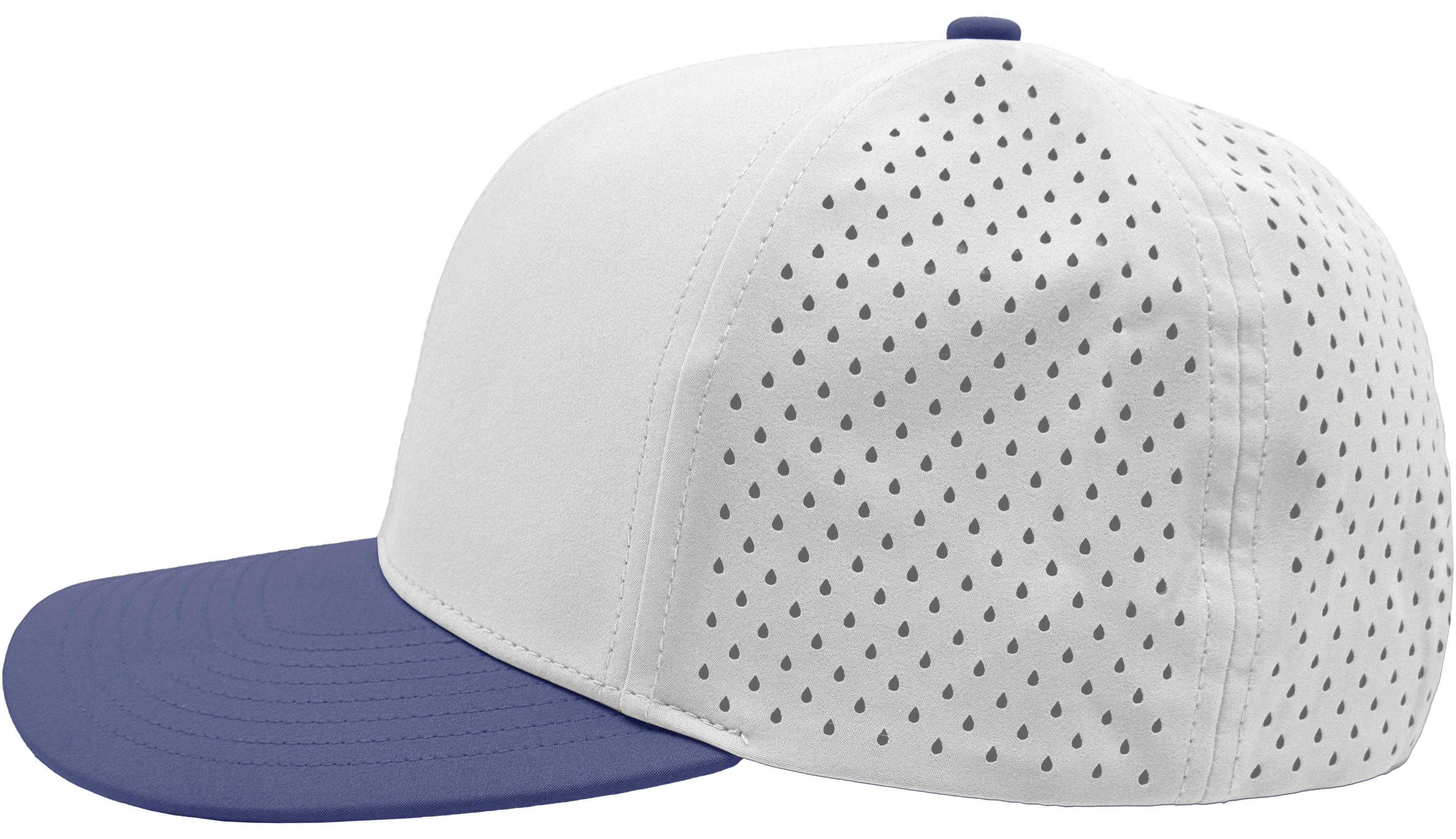 custom hat 6 panel bomber model white blue side view
