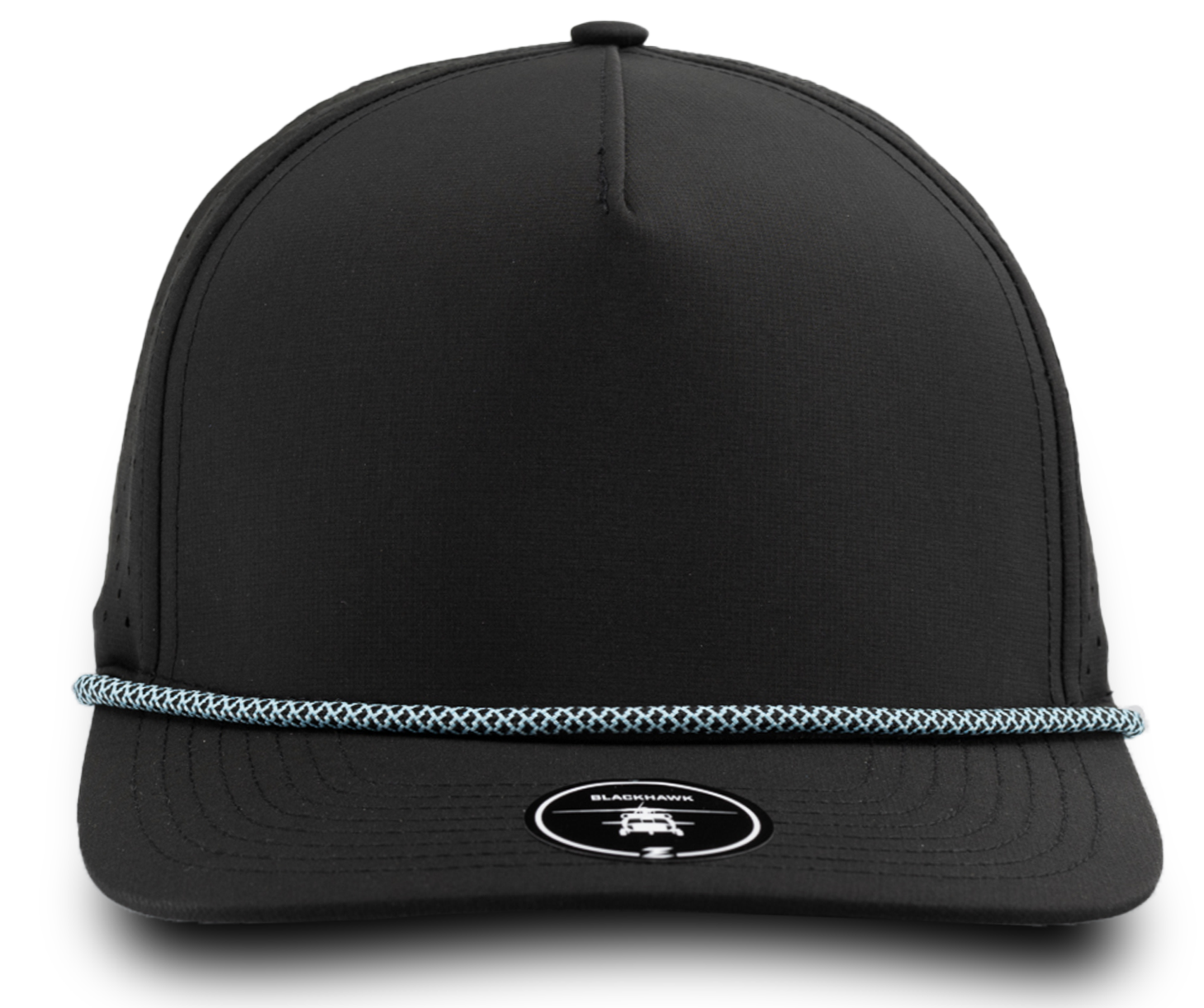 BLACKHAWK R+ (Rope Brim) Blank-Water Repellent hat-Zapped Headwear-Black/ Light Blue Chainlink Rope-Zapped Headwear