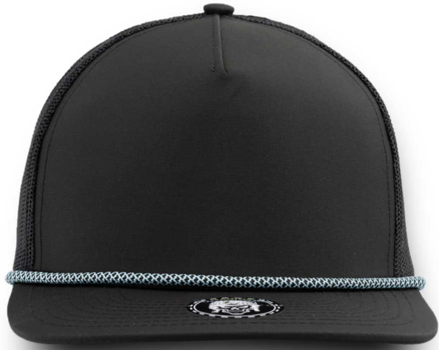 MARINE R+ (Rope brim)-Water Repellent custom hat-Zapped Headwear-Black/Chainlink Light Blue rope-Zapped Headwear- Golf hat- 5 panel- rope hat- rope brim hats- snapback