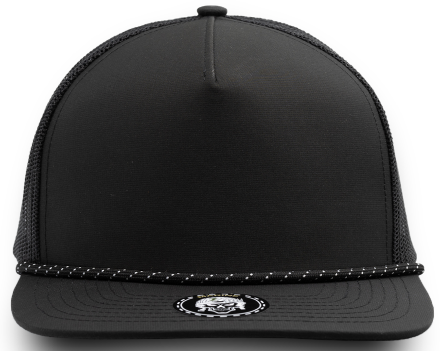 MARINE R+ Custom Hat (Rope brim)-Water Repellent hat-Zapped Headwear-Black/ Twisted B/W rope-Zapped Headwear- 5 panel - golf hat- rope hat - custom hat