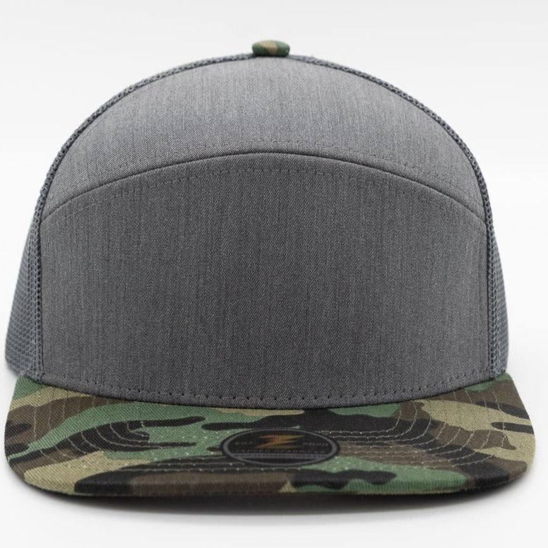 COBRA- Custom Hat 7-panel-Zapped Headwear-Heather Grey-Camo Bill-Snapback-7 panel-Zapped Headwear